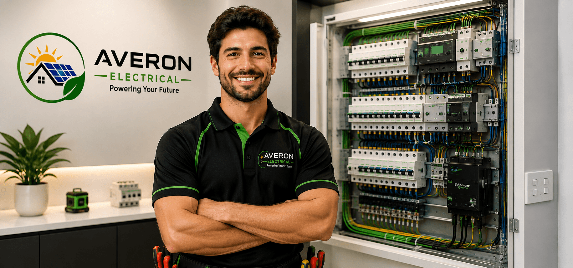 Averon Electricals electrician in front of a modern switchboard