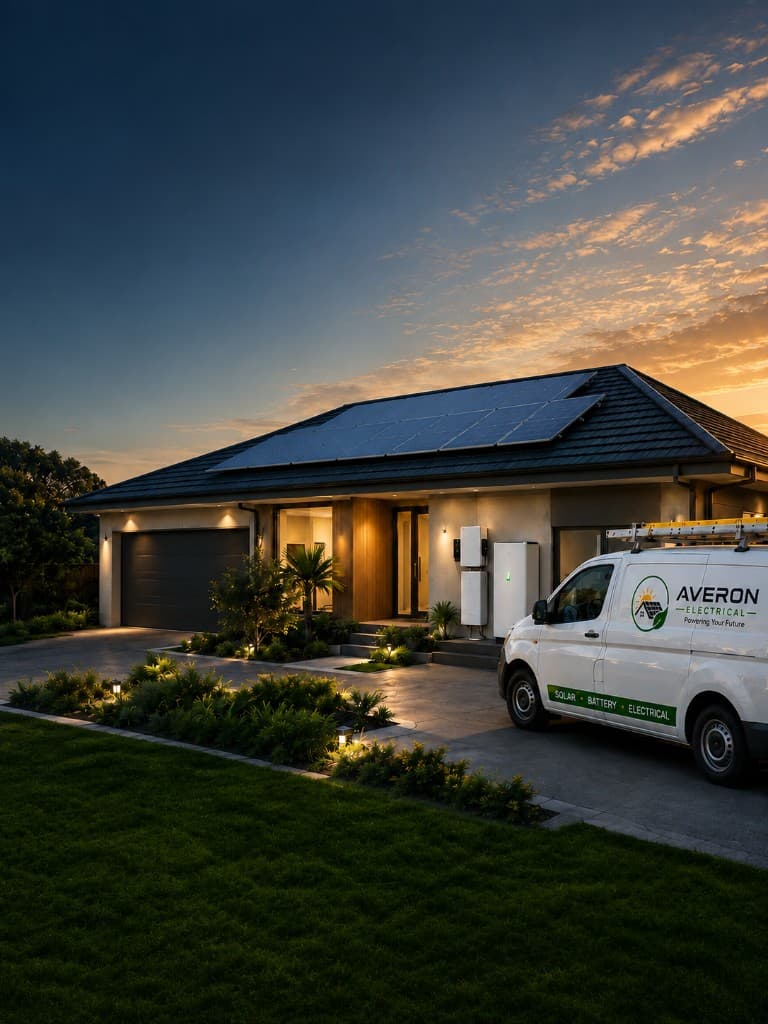 Modern South Australian home with solar panels, battery storage, and Averon Electricals van