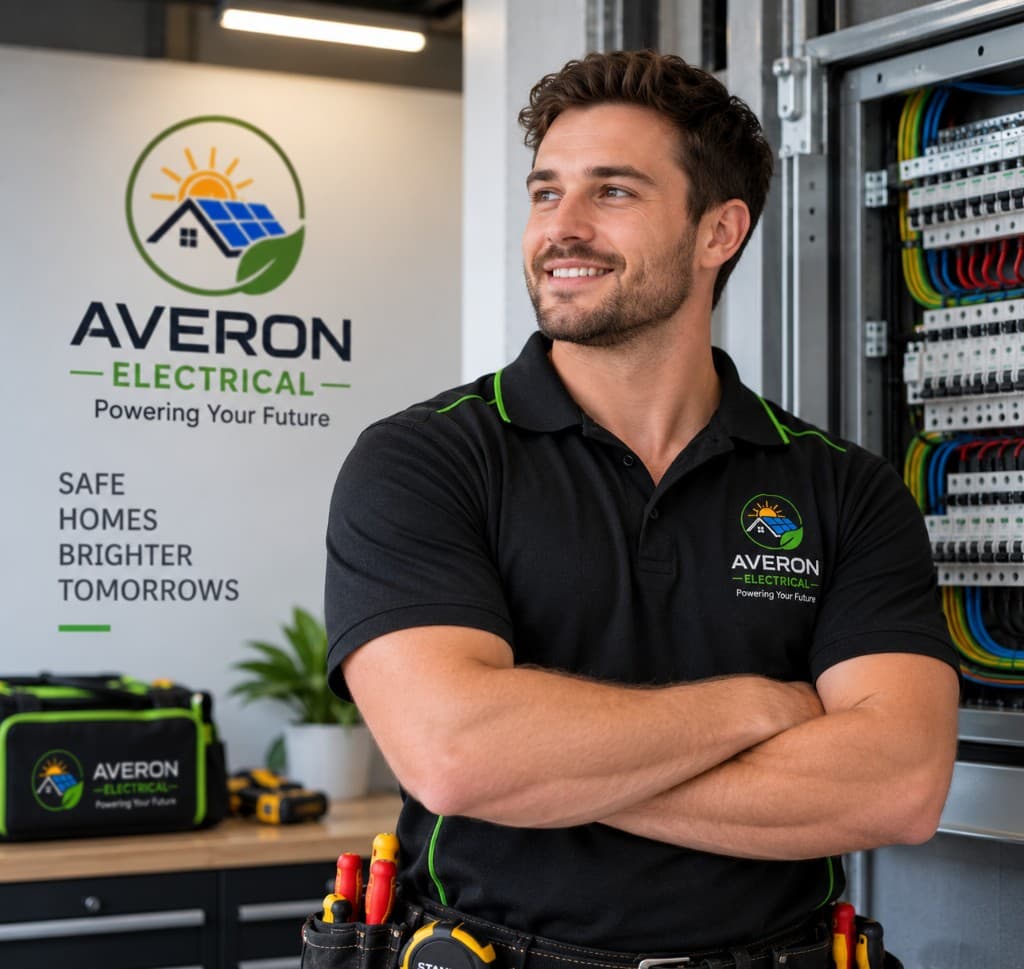 Averon Electricals electrician in branded uniform beside a switchboard